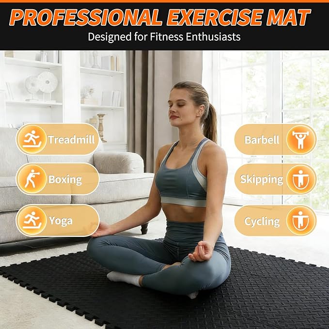 18 Pack Interlocking Gym Flooring Mats for Home Gym, 0.4 Inch Thick Non-Slip EVA Foam Puzzle Exercise Tiles with Edge Strips, Shock Absorption for Workout, Yoga, Treadmill, Garage, Basement