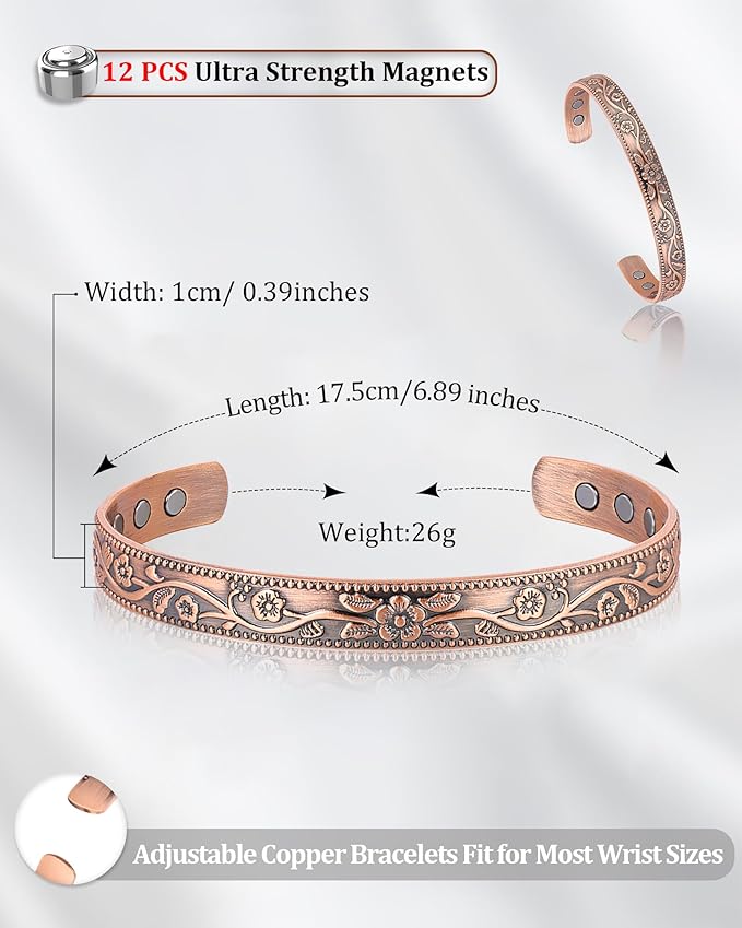 BioMag 2 Pcs Magnetic Copper Bracelet for Women Men, 99.99% Pure Copper Cuff Bangle with with 12 Pcs 3500 Gauss Magnets, Adjustable Size, Floral Vine Design