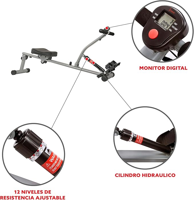 Sunny Health & Fitness Rowing Machine Rower with 12 Level Adjustable Resistance, Digital Monitor and 220 LB Max Weight SF-RW1205 + Home Gym Foam Floor Protector Mat