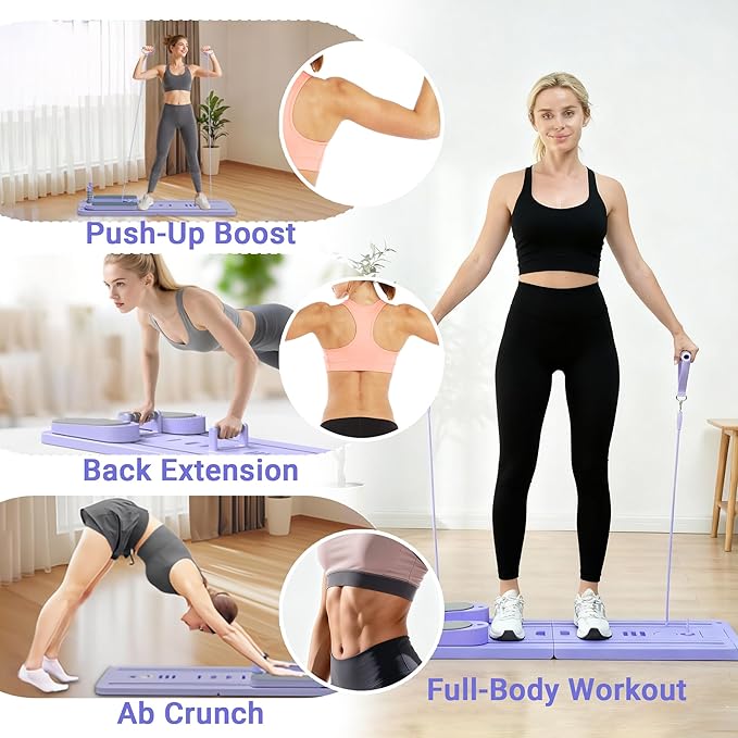 Pilates Equipment: Purple Pilates Kit, Reformer & Board for Home Workouts, Portable Home Pilates Machine Set, 41.7x16.1x1.2 in, Flo Pilates Reformer 2025 Accessories for Women