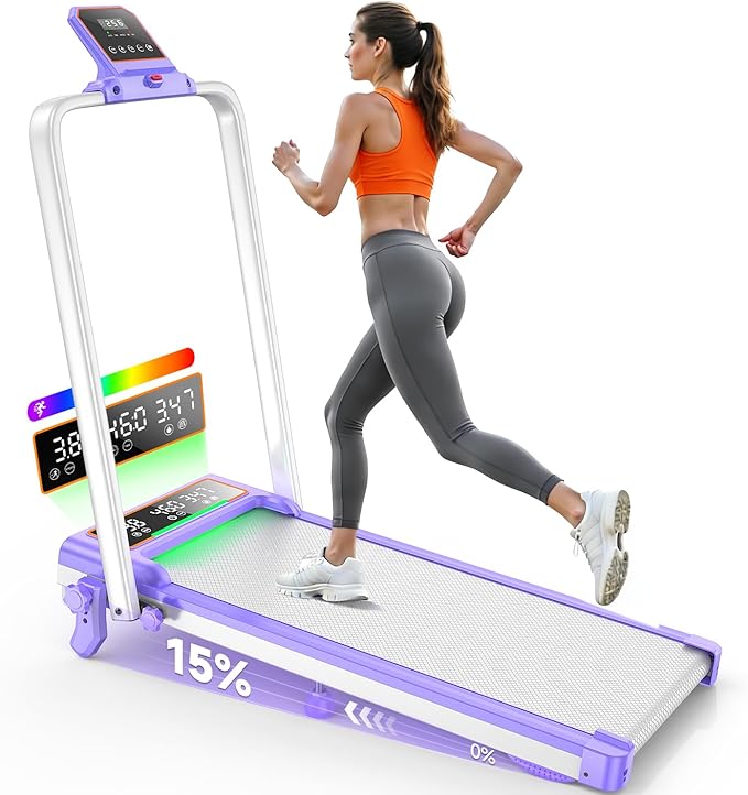 Folding Walking Pad with 15% Incline/RGB Light/Dual Screen Display, 3.5HP Treadmills for Home, Portable Walking Pad Treadmill with Handle Bar and 4 Adjustable Incline, 350lbs Capacity, Smart App