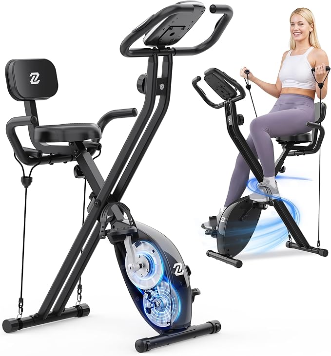 Silent Folding Exercise Bike for Apartments - 330lbs Capacity, 3-in-1 Stationary Bike with Arm Bands & Back Support