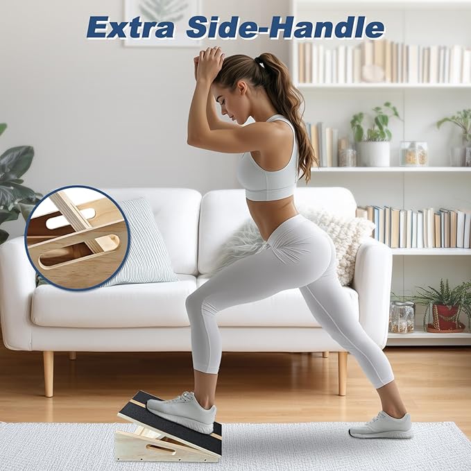 Adjustable Foot Incline Wooden Slant Board For Calf Stretching,440lb Capacity, Balance Velour Stretcher Ankle Stretch Knee Leg Boards Squats Wedge Exercise Fitness Equipment(side handle slant board)