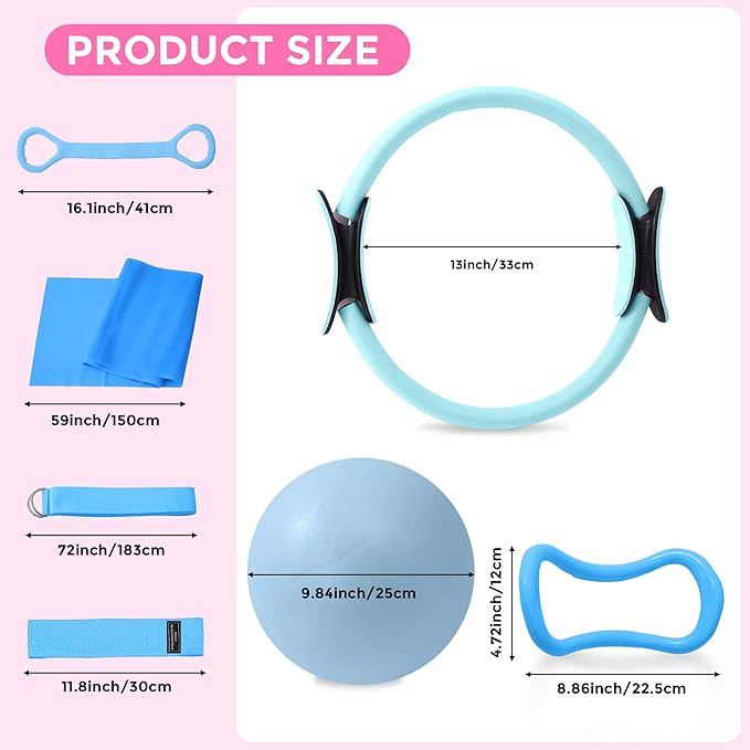 Pilates Equipment, Pilates Kit for Home Workouts, Pilates Ring and Ball Set for Women With 14.5" Pilates Ring, Ball, Resistance Bands, Sliders, Yoga Strap & Ring, Socks, Measure Tape, Stretch Band Bag