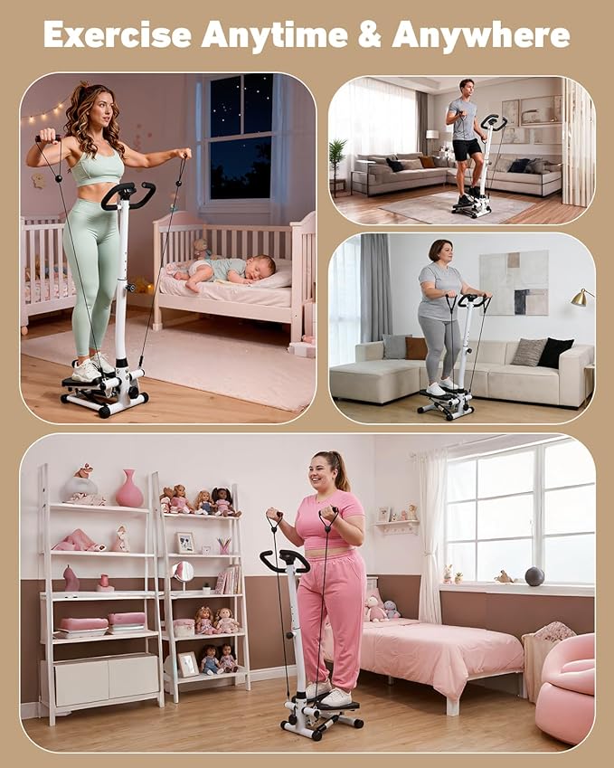 Mini Stair Stepper for Exercise at Home with Adjustable Handlebar & Resistance Bands,Quiet Compact Stair Stepper Machine,LCD Monitor,Portable Indoor Leg/Glute Cardio Fitness, White
