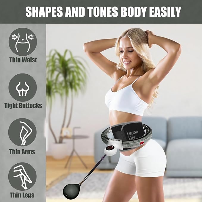 U5 Smart Weighted Hula Hoop with Counter & Waist Trimmer – 16 Knots, 28"–46" Adjustable Infinity Hoop Plus Size, Quiet Rubberized Wheels, Ab Workout Fitness, Weight Loss, Abdominal Toner