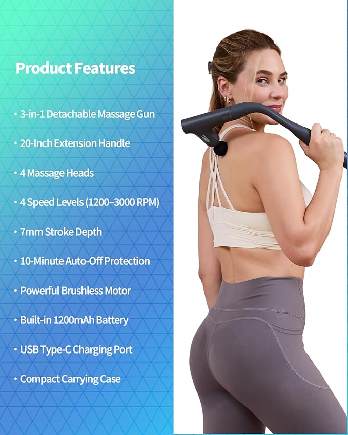 3-in-1 Detachable Massage Gun Deep Tissue, Ergonomic Extension Handle Back Massager for Pain Relief, Portable Percussion Muscle Massager for Shoulder, Thigh, Waist & Neck, FSA-HSA Eligible