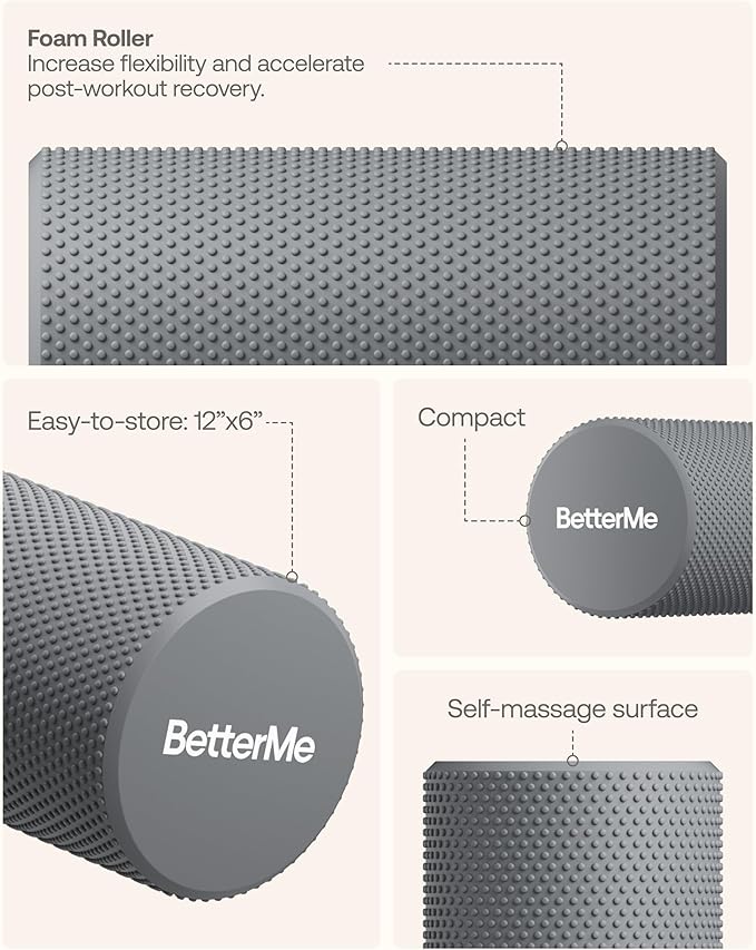 BetterMe Foam Roller for Muscle Recovery – High Density Exercise Roller for Back &Legs – Deep Tissue Massage Roller for Tension, Relief & Stretching (Stone Gray)