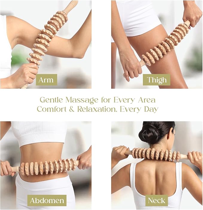 Wood Therapy Massage Tools - Lymphatic Drainage Curved Roller Stick, Neck Massager, Foam Roller, Back Scratcher, Rope Massage Kit for Deep Tissue and Back Relief