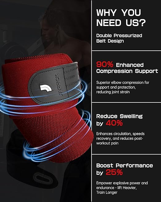 Jaffick Elbow Wraps for Weightlifting (1 Pair) - Double-Layer Reinforced 40'' Elastic Elbow Brace Compression Strap & Gym Joint Support Brace - for Bench Press, Powerlifting, and Pressing