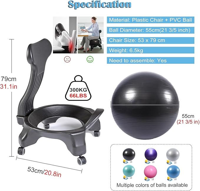 Ergonomic Office Chair Exercise Ball, Black Yoga Ball & Base Kit, 21.6inch Stability Ball Chair for Prolonged Sitting/Restless Legs Relief Adults, Fitness Ball Rolling Stool