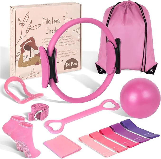 Home Pilates Essentials Kit for Women - Complete Pink Equipment Set with 9 Inch Yoga Ball, Figure 8 Resistance Band, Bands & Accessories, Ring for Beginners Workouts