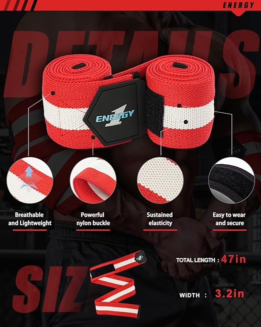 kcross Elbow Wraps for Weightlifting, 47" Strengthening support Elbow Sleeve Weightlifting (1 Pair) for Powerlifting, Bench Press, Gym Workout (Red White Striped)
