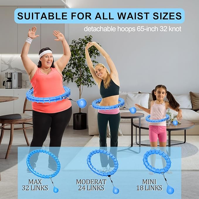 Plus Size Silent Weighted Hula Infinity Fitness Detachable Hoops 65-Inch 32 Knot, Smart Noiseless Infinity Hula for Women, Waist and Abdominal Home Weight Loss Exercise Fit Hoop