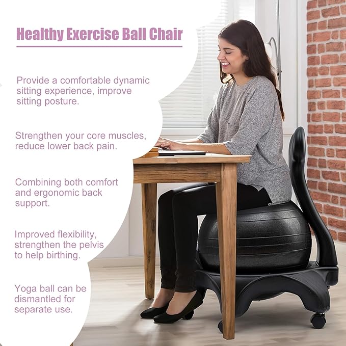 Black Φ55 cm (21 5/8") Yoga Ball Chair, Exercise Ball Chair Rolling Base for Adults, Stability Balance Ball Chair with Back Support