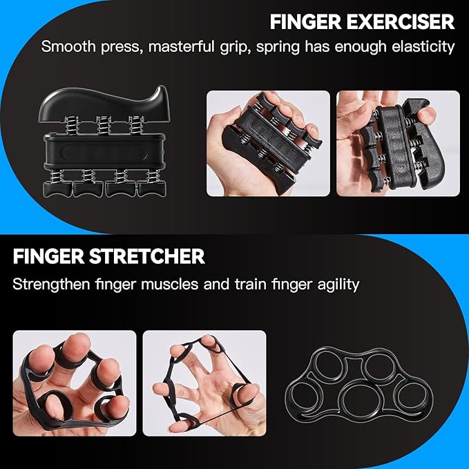 7PCS Grip Strength Trainer Kit, 2 Adjustable Forearm Resistance Grips, Finger Stretchers, Grip Ring, Hand Squeeze Ball, Finger Exercises, User Manual, Suitable for Hand Training, Suitable for Everyone