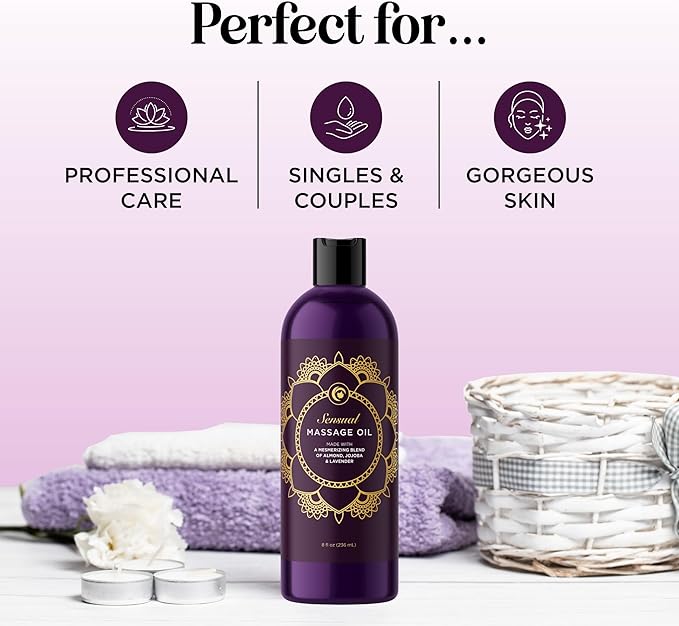 Aromatherapy Sensual Massage Oil for Couples - Relaxing Lavender Massaging Oil for Massage Therapy with Vitamin E Jojoba & Sweet Almond - Naturally Scented Vegan Non GMO & Gluten Free (8 Fl Oz)