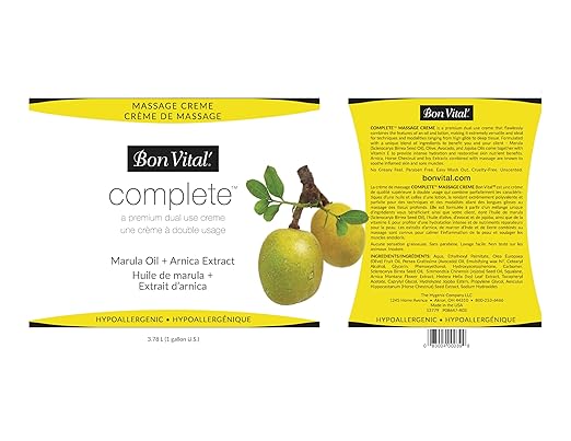 Bon Vital Complete Massage Creme, 1-Gallon, Unscented Non-Greasy Cream with Marula, Olive & Jojoba Oils, Hypoallergenic Moisturizer for Professional or Home Use, Premium Dual-Purpose, Massage Therapy