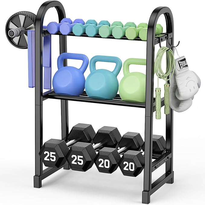 3 Tier Dumbble Rack - 360LB Capacity Adjustable Dumbbell Storage Rack Space-Saving Home Gym Weight Rack For Dumbbells And Kettlebells With Hooks (Dumbbell Rack Stand Only)