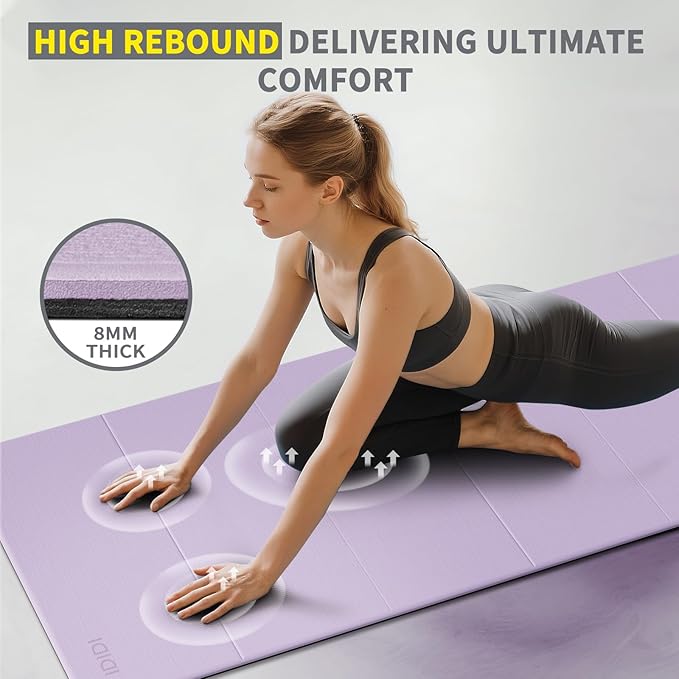 Foldable Yoga Mat Extra Thick & Large (74" x 31.5" x 0.32"), Double-Sided Non Slip & Lightweight Fitness Mat, 8mm Thick Wide Exercise Mats for Woman Man Kids, Portable Workout Mats for Travel, Studio or Home Use