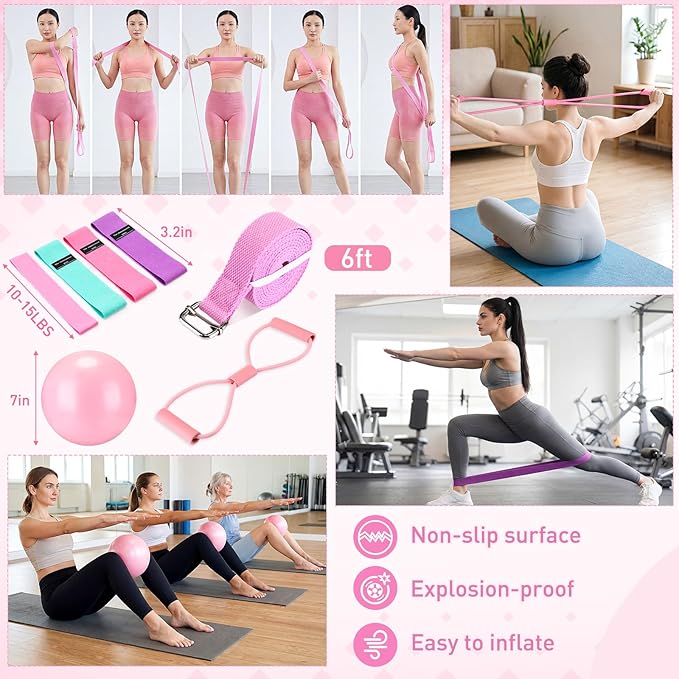 11 Pcs Pink Yoga Accessories Set for Women, Home Pilates Essential Kit for Workout Gym Lover Gifts with Yoga Mat Magic Circle Tote Bag 3 Resistance Bands Strap Socks Towel Ball TPE Loop