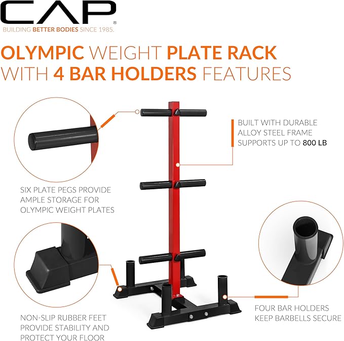 CAP Barbell Olympic Bumper Plate Tree Rack with Weight Plate Posts and Barbell Storage Holders – Multiple Options – Heavy-Duty Steel Gym Organizer for Olympic Plates and Bars