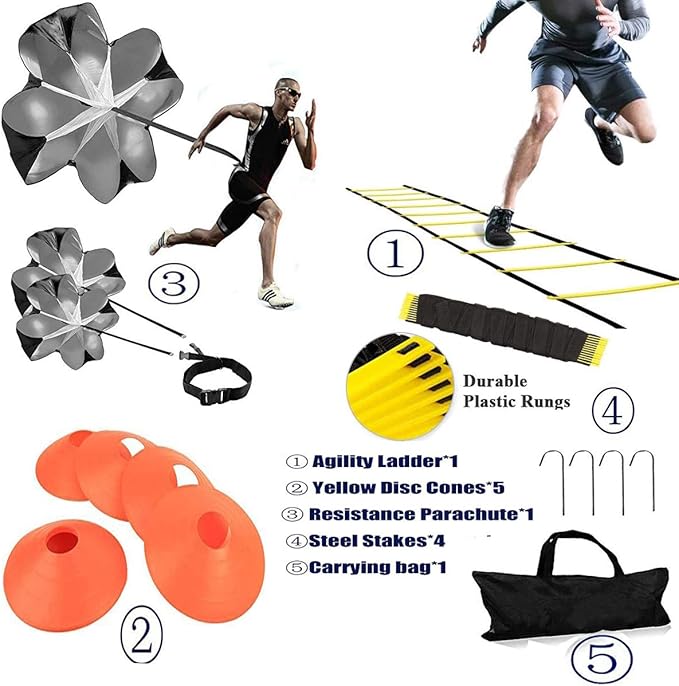 Agility Ladder, Speed Training, Soccer Agility Speed Training Equipment, 20ft Agility Ladder, 6 Soccer Cones, Running Parachute, Basketball Football Soccer Training Equipment for Kids, Youth, Adults