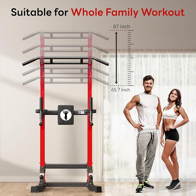 Pull Up Bar Station, 10-Level Height Adjustable Wall Mounted Home Gym, 330 lbs Capacity with Dip Bars & Push Up Handles, for Chin Up, Dips, Leg Raise (Black/Red/Yellow)