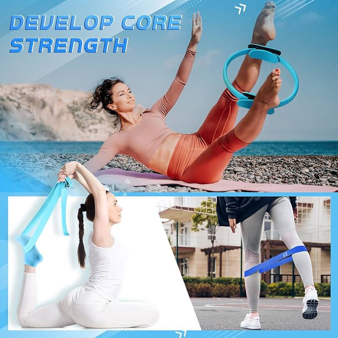 Poen 18 Pcs Home Pilates Ball and Ring Circle Set Yoga Fitness Essentials Kit with 5 Resistance Band Stretching Strap Non Slip Sock Ball Core Slider Wristband Headband Gym Bag for Women