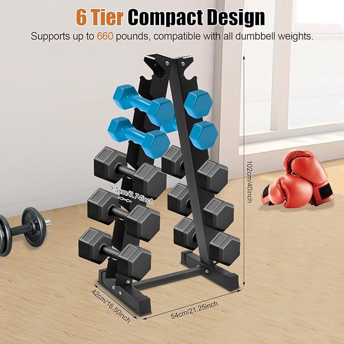 6-Tier Dumbbell Rack Stand Only, 660lbs Load-bearing Weight Rack for Dumbbells, A-Frame Training Dumbbell Holder for Storing Dumbbells in Homes, Hotels (Black)