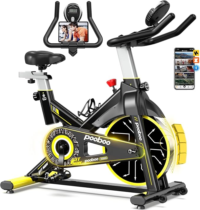 POOBOO Magnetic Exercise Bike, Quiet Stationary Bike with APP and 350lbs Weight Capacity, Indoor Cycling Bike with LCD Monitor and Tablet Holder, Heavy Duty Workout Bike for Home Gym Weight Loss