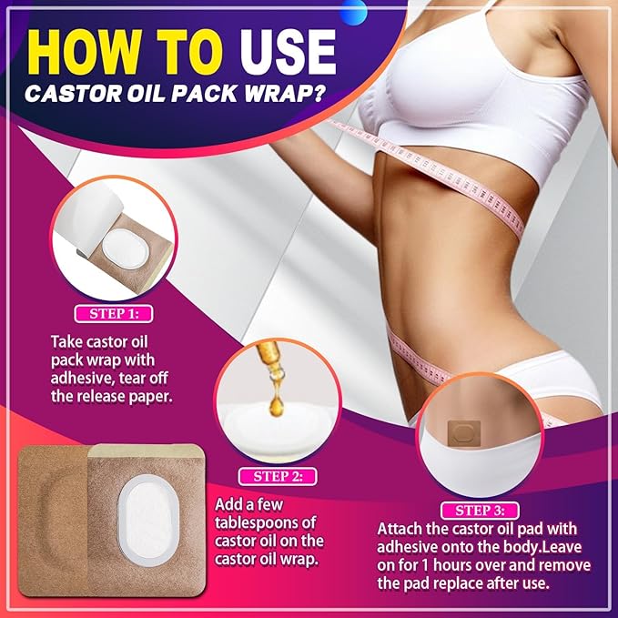 Castor Oil Pack Wrap Patch - Organic Cotton Castor Oil Belly Button Patch, Disposable Self-Adhesive Abdominal Pads, Portable Anti Leakage High Absorbent Pads for Multi-Area Use 55 PCS
