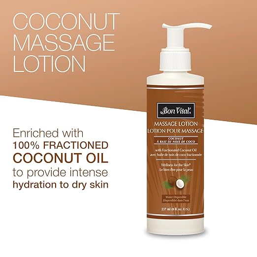 Bon Vital' Coconut Massage Lotion, 8 oz, Lightweight Formula with Pure Fractionated Coconut Oil, Professional Therapy Lotion, Hydrating and Unscented