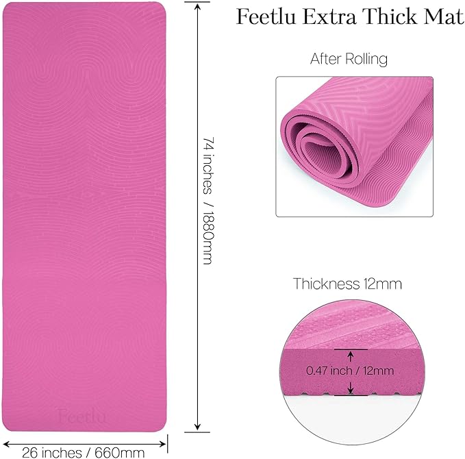 Extra Thick 12mm Exercise Mat – Non-Slip, Joint-Friendly & Cushioned Fitness Mat for Yoga, Pilates & Floor Workouts – Durable, Supportive & Includes Feetlu Classic Strap