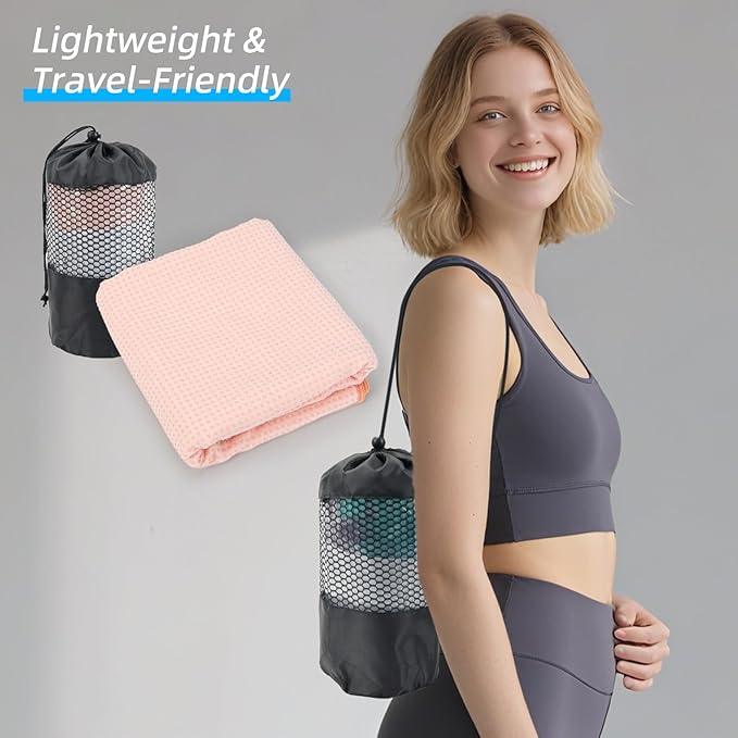 YESLIFE Non-Slip Extra Thick Hot Yoga Towel with One Sweat Towel, Microfiber Sweat Absorbent Yoga Mat Towel with Grip Dot, Pilates Mat, 72" x 24", Pink
