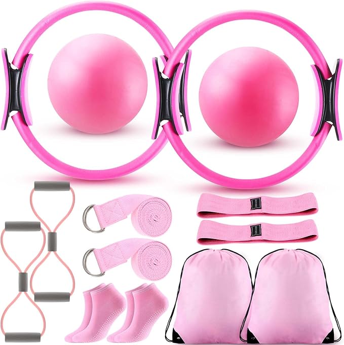Poen Pilates Equipment Kit for Home Workout Pilates Ring and Ball Set for Women 12'' Circle Yoga Fitness Essentials Kit with Resistance Bands, Yoga Strap, Socks,Bag