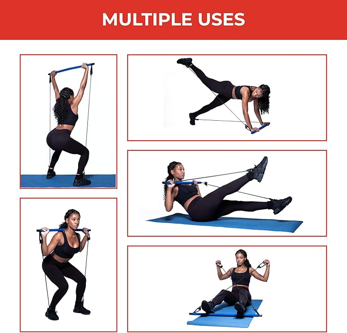 Pilates Bar Stick – Professional Pilates Bar Kit for Home & Gym Workout – Adjustable Resistance Bar – Suitable for All Fitness Levels – Yoga Pilates Bar Kit with Foot Loop and Bonus Gloves