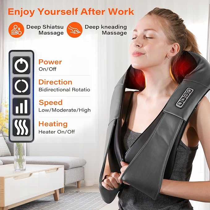 Shiatsu Electric Massager with Heat - 3D Kneading Pillow for Neck, Back, Shoulder, Muscle Pain Relief - Office, Home, Car Use - Fits Parents (Gray-button)