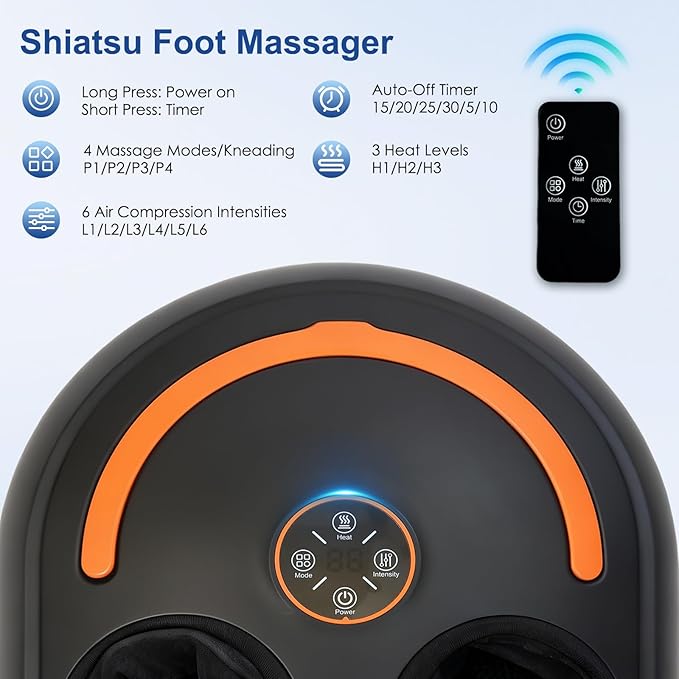 Shiatsu Foot Massager, Electric Feet Massage Machine, Deep Kneading Relief for Plantar Fasciitis, Air Compression, 3 Heat Levels, Relax for Home Office Use, for Women Mom Dad Black