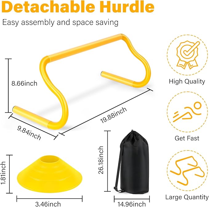 Agility Hurdles Training Equipment - 10 Speed Hurdles and 10 Soccer Cones with Carrying Bag for Soccer, Football, and Track Drills, Ideal for Athletes Speed and Agility Training (Yellow)