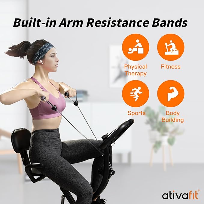 ATIVAFIT Exercise Bike Foldable Fitness Bike Magnetic Foldable Indoor Cycling Bike 3-In-1 Foldable Exercise Bike for Home Use with Resistance Bands Home Workout Exercise Equipment
