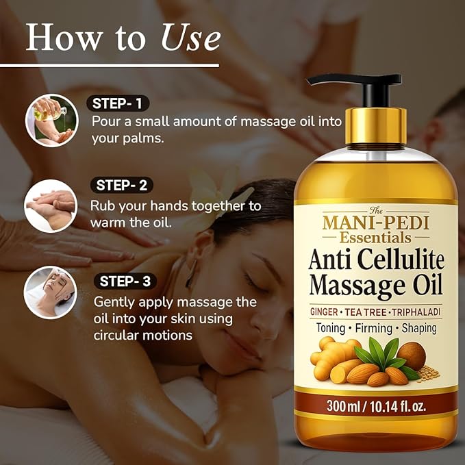 Anti Cellulite Massage Oil with Ginger Oil for Lymphatic Drainage Massage. Enriched with Tea-Tree Oil & Natural Herbs for Toning, Firming & Shaping. Natural & Organic - 10 Fl Oz