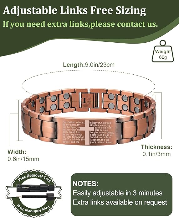 Copper Cross Bracelet for Men - Ultra Strength Magnetic Mens Cross Jewelry Set - Adjustable Magnetic Bracelet with Sizing Tool Jewelry Box