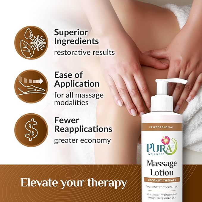 Coconut Therapy 8 Fl oz Massage Lotion, Coconut Oil, Professional, Massage Therapy, Deep Tissue, Unscented, Natural Ingredients, Skin Hydrating, Moisturizing, Muscle Relief, for Bruising