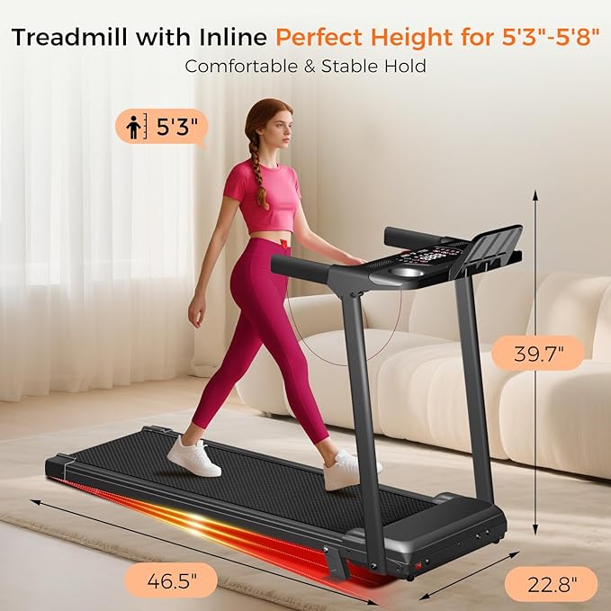 Treadmill with Incline,3.0HP Small Treadmills for Home,Portable Electric Treadmill with Handles,Lightweight Walking Pad,Compact Running Treadmills,Walking Pad with Handle,300LBS Capacity