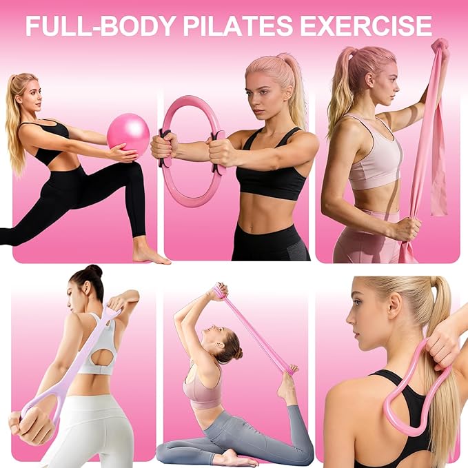 Pilates Ring Equipment Set, Home Pilates Kit for Women with 13’’ Magic Ring with Dual Padded Handles, Small Pilates Ball, 5 Resistance Bands & Complete Fitness Guide, Pilates Essential Accessories