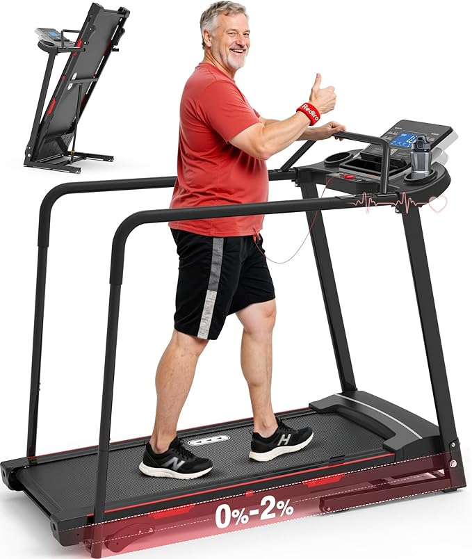 Redliro Walking Treadmill for Seniors Foldable - 400 Lb Capacity Senior Treadmill with Front & Long Handrails, 0%-2% Incline Home Recovery Fitness Exercise Machine for Elder, 47.6” Long Belt