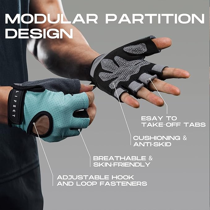 LIFECT Essential Breathable Workout Gloves, Weight Lifting Fingerless Gym Exercise Gloves with Curved Open Back, for Powerlifting, Women and Men