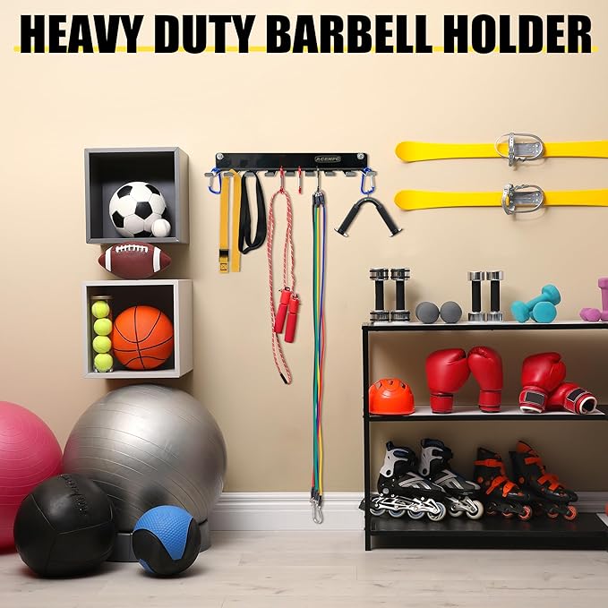 Wall-Mounted Gym Organizer, Resistance Band Storage Rack, Barbell Holder Wall Mount, Dumbbell Storage, Home Gym Accessories Holder