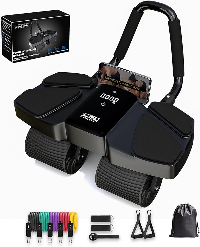 Ab Roller Home Gym Equipment – 4 Wheels Ab Wheel Muscle Roller with LCD Screen, 5Pcs Resistance Bands, Ankle Straps, Door Anchor, Handles, Travel Bag – Comfortable Elbow Support with Non-Slip Handles